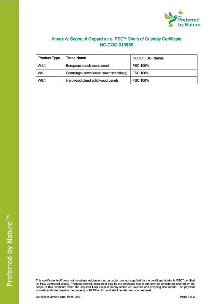 FSC Chain of Custody Certificate — Annex A (NC-COC-013856)
